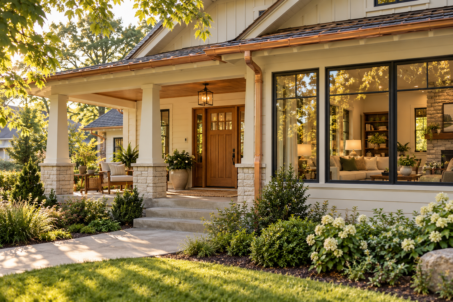 Illustrative concept of a welcoming craftsman home in warm afternoon light